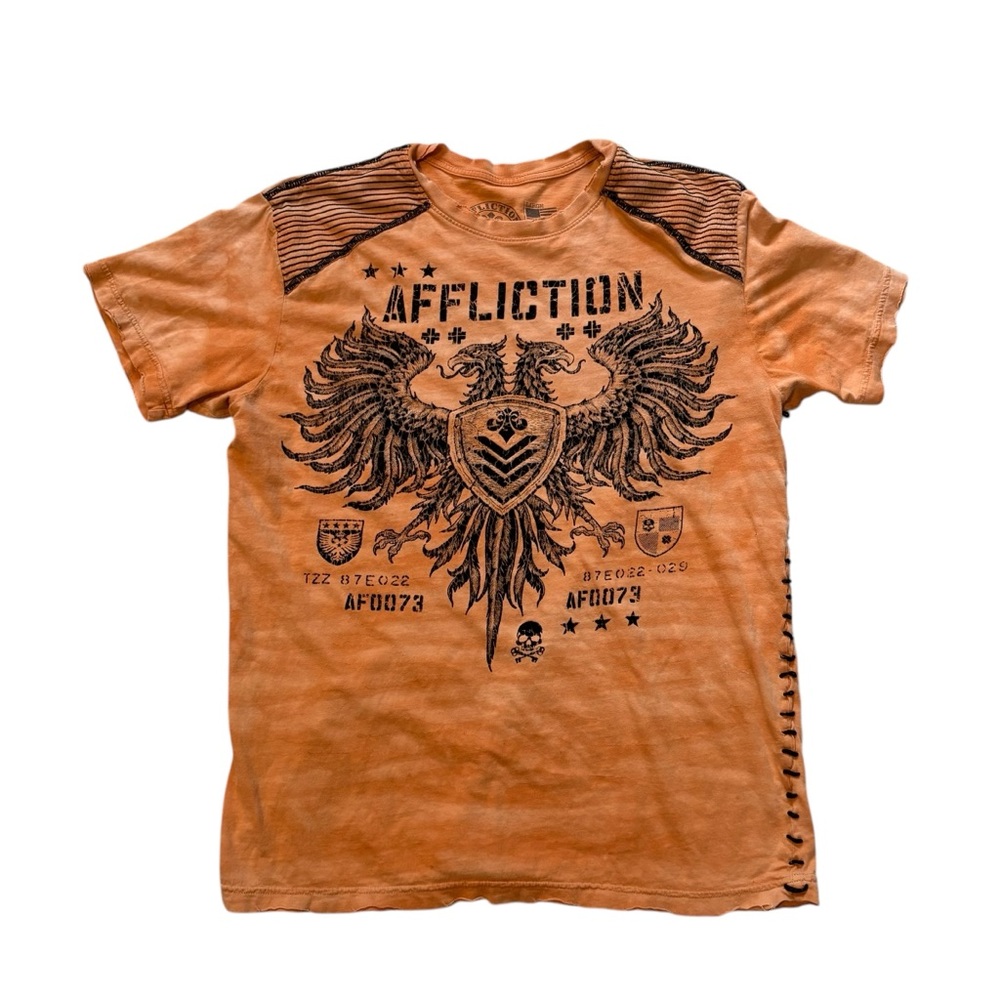 Affliction Value T-Shirt Bright Orange Camo Wash Flocked Graphic, Sz L - Picture 7 of 15